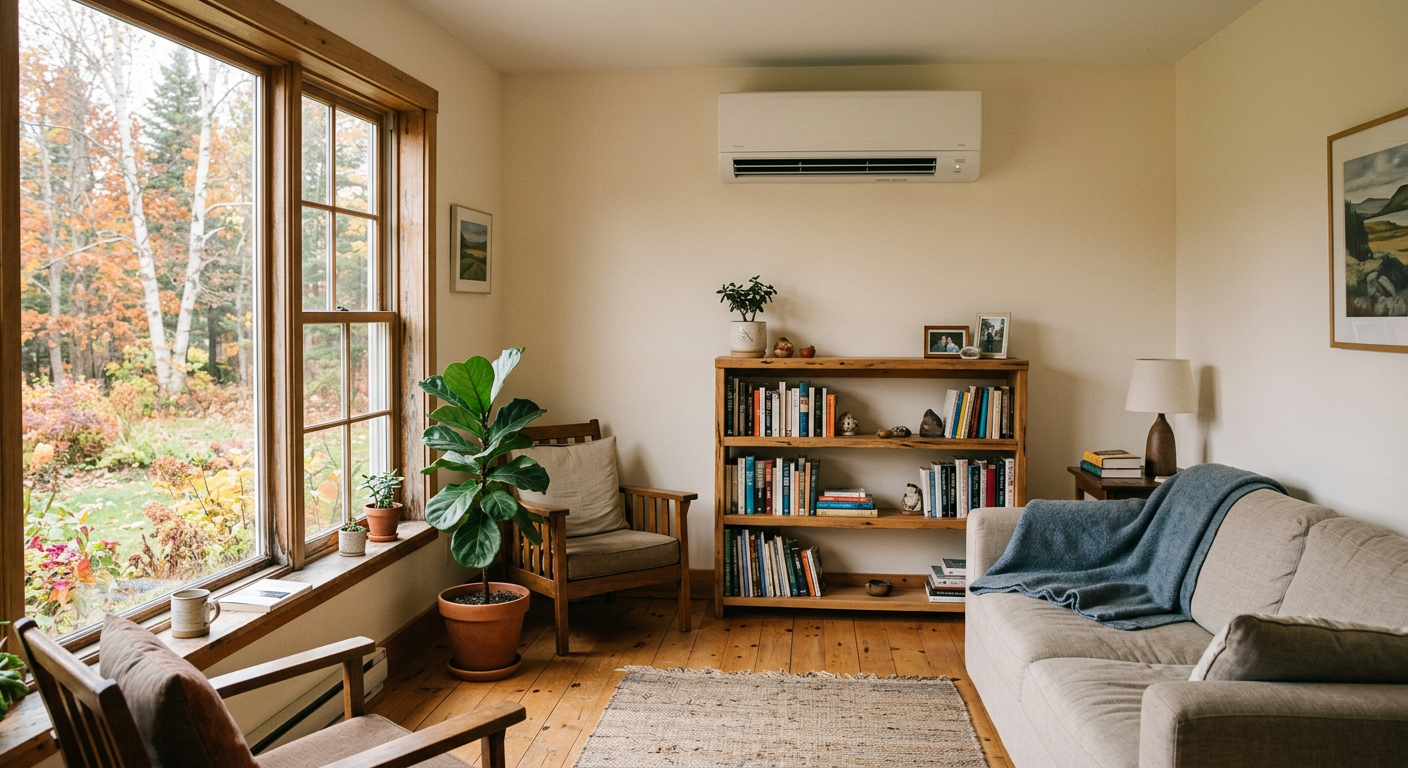 A wall-mounted mini-split heat pump in a bright, lived-in living room